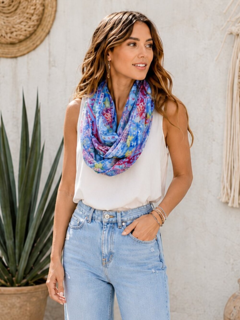 Colorful Boho Eternity Scarf Blue Pink Yellow Semi Sheer Wrap